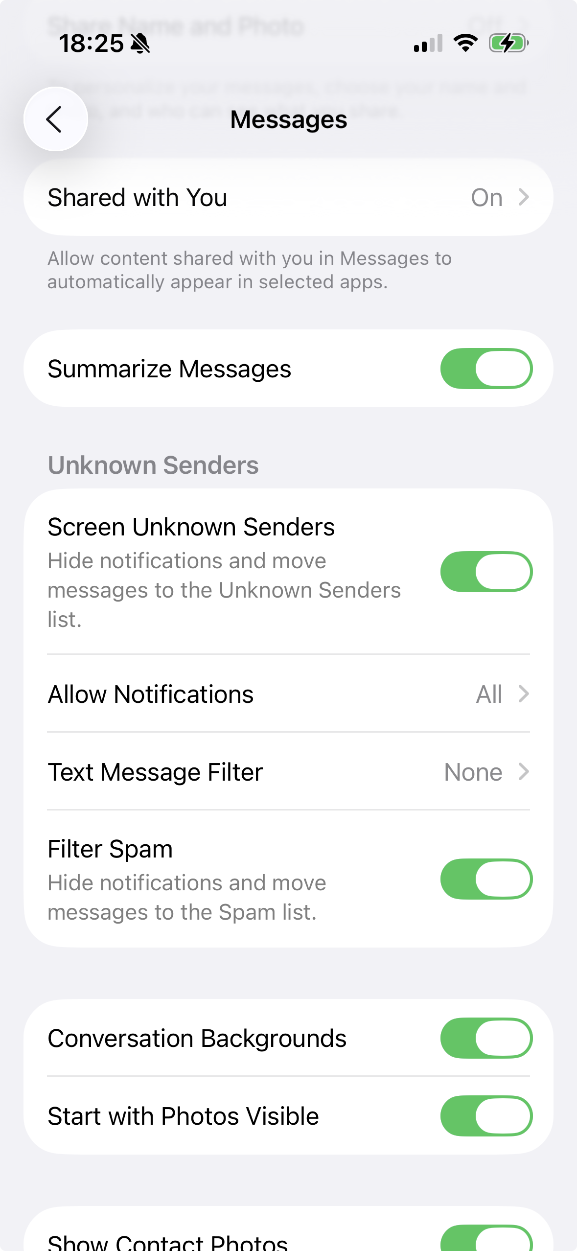Scroll to Unknown & Spam and tap Text Message Filtering